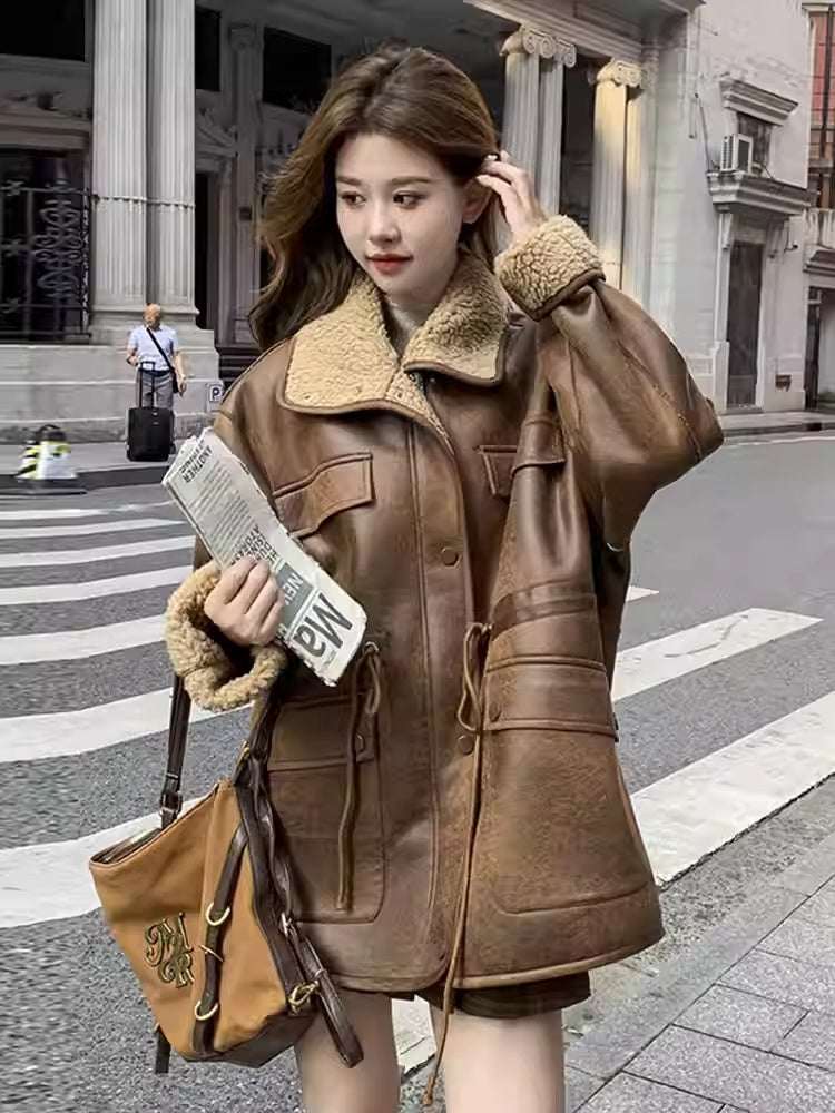 Women's Thickened Lambskin Coat – Integrated Lambswool Fur Lining Loose Turn-Down Collar Winter Coat | Brown | XS–XL