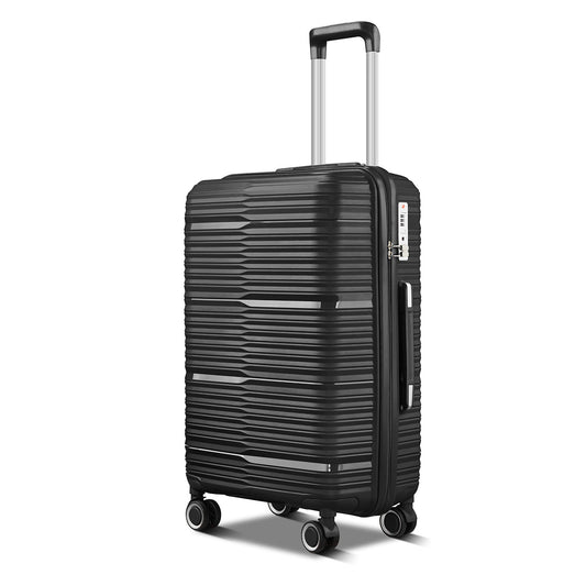 Black suitcase with a textured surface on a white background