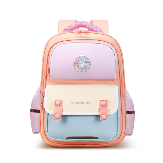 Pastel-colored backpack with a unicorn design on a white background