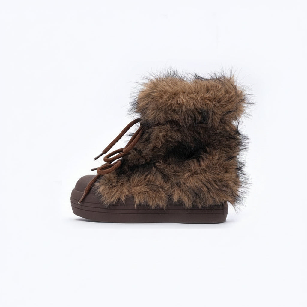 Brown fur-lined boot with measurements on a white background, featuring M.F.Z. Shoes branding.