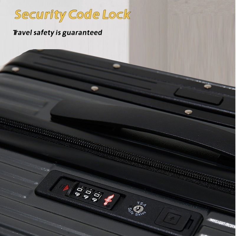 Black suitcase with a security code lock on a wooden surface