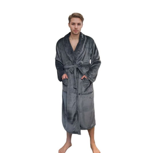 Man wearing a gray robe on a white background
