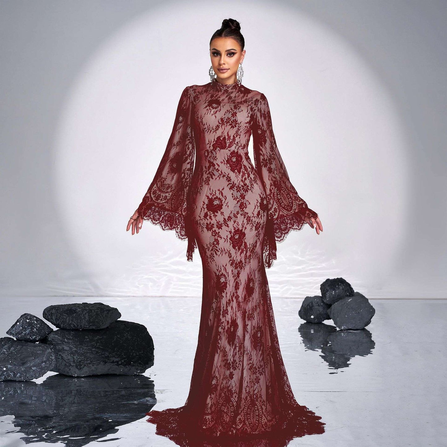 Women's Long-Sleeve Round-Neck Lace Panel Bodycon Dress | Black & Red | S–XL