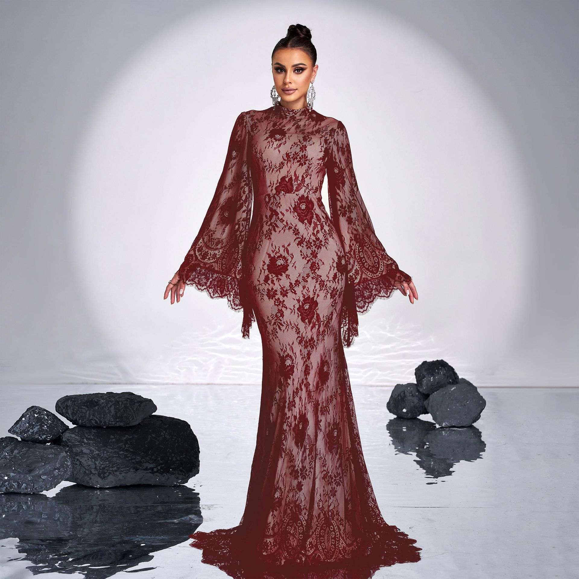 Women's Long-Sleeve Round-Neck Lace Panel Bodycon Dress | Black & Red | S–XL