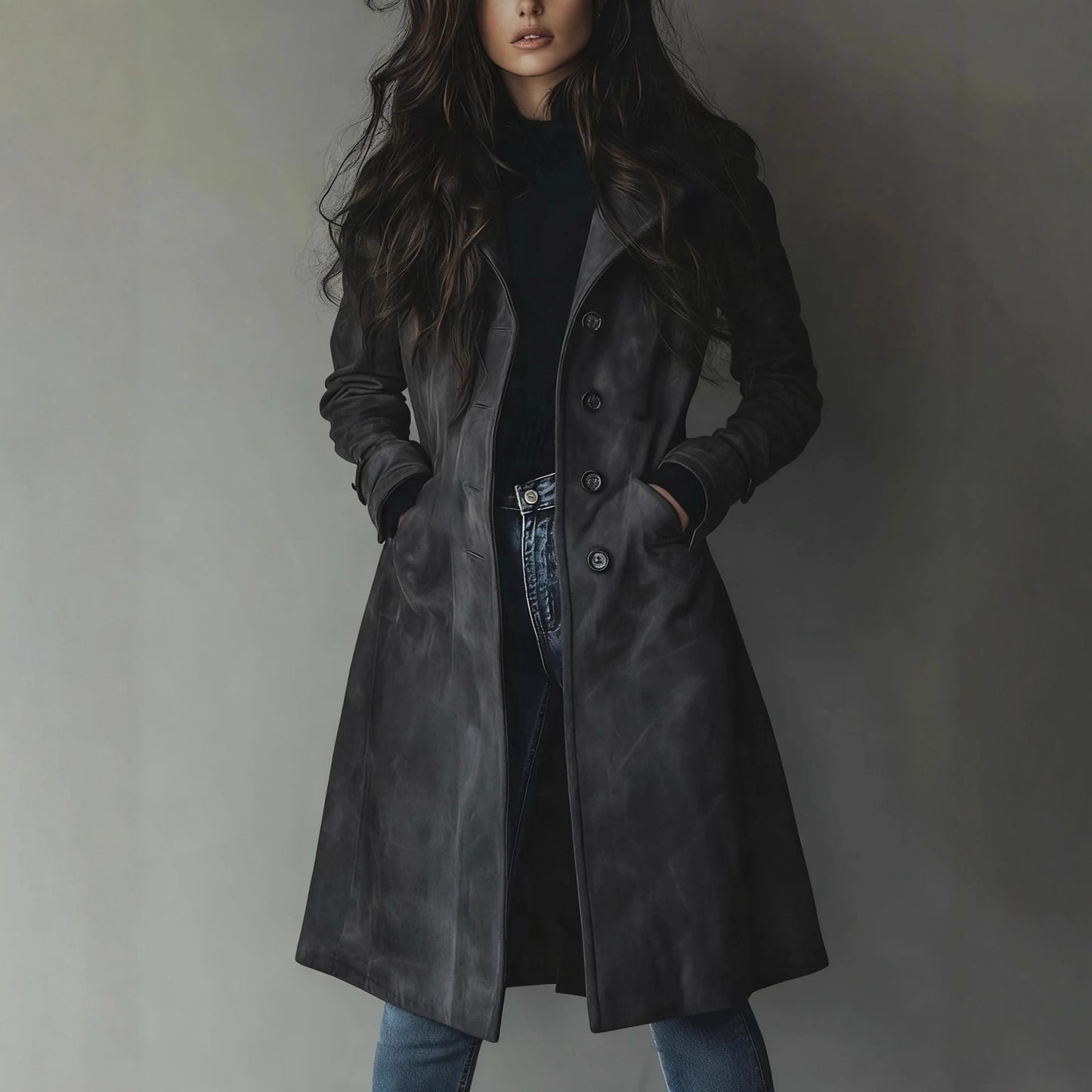 Woman wearing a dark gray coat against a plain background