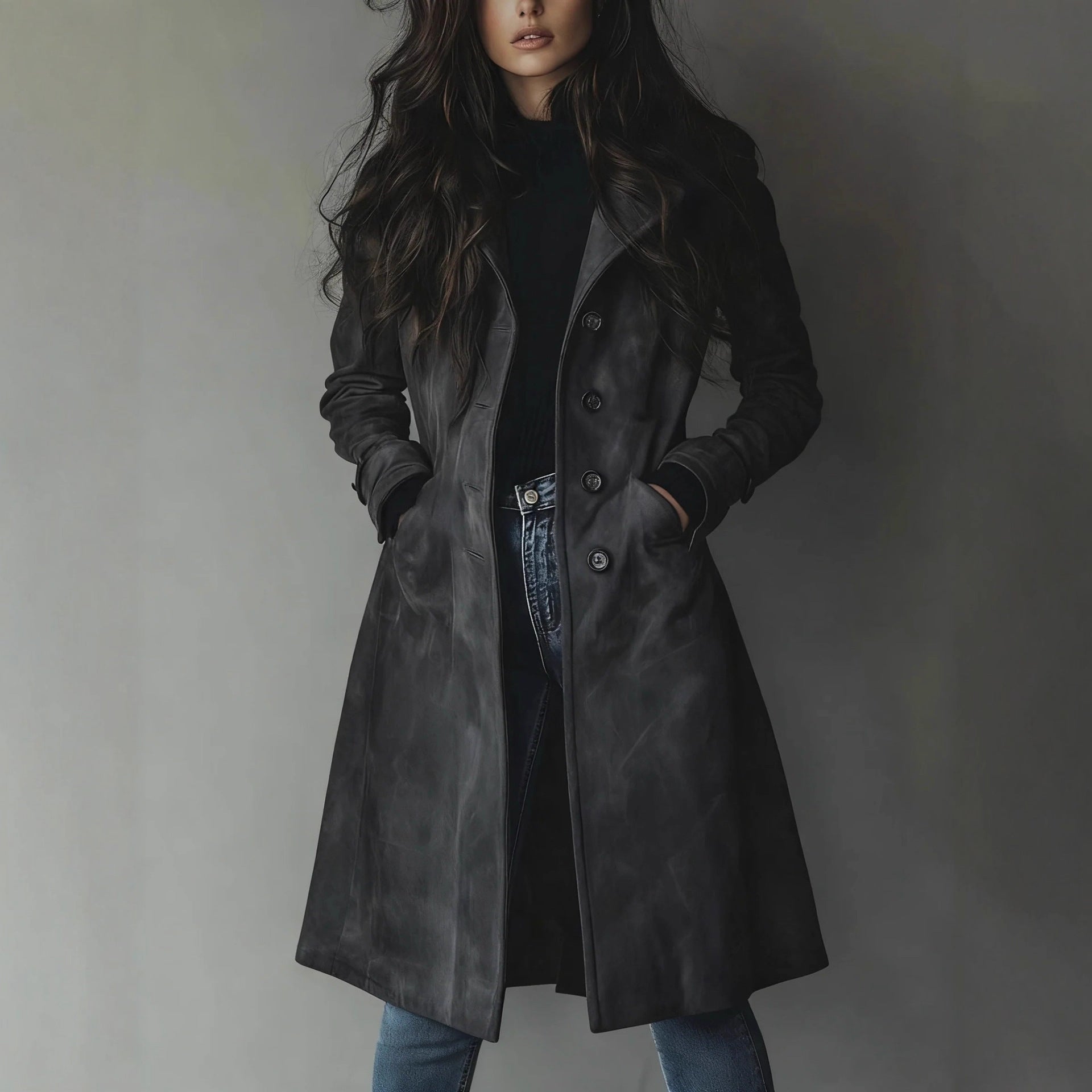 Woman wearing a dark gray coat against a plain background