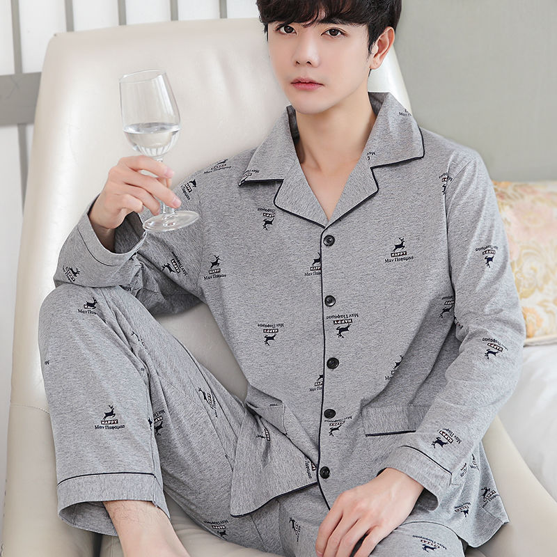 Men's Cotton Pajama Suit - Adult Autumn Winter Long-Sleeve Home Wear