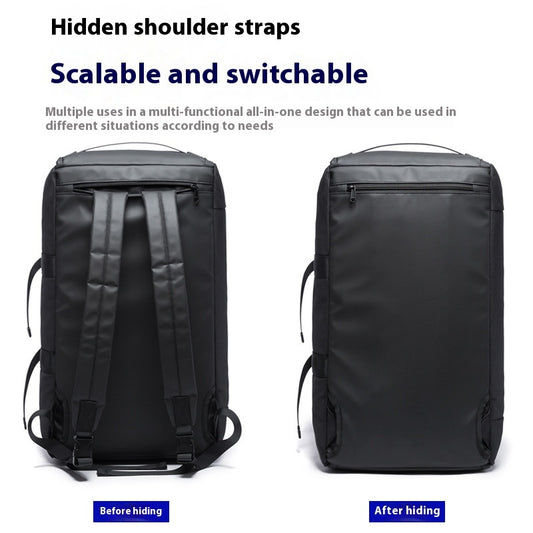 Black backpack showing hidden shoulder straps before and after use on a white background.