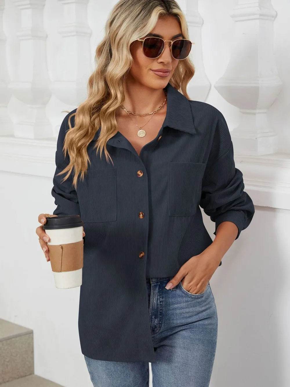 Button Up Dropped Shoulder Long Sleeve Outerwear - Millivan supplies 