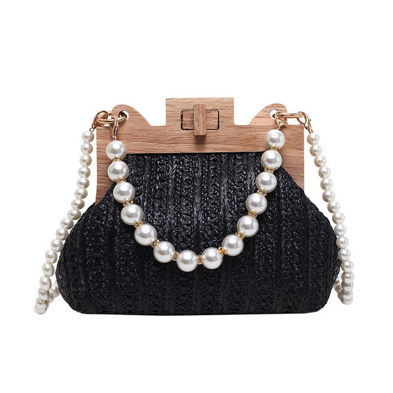 Fashion Simple Straw Pearl Chain Handbag - Street Trend Crossbody Bag