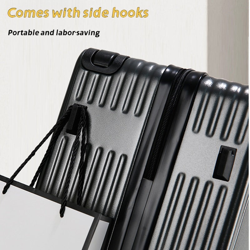 Black metal folding step stool with side hooks on a white background