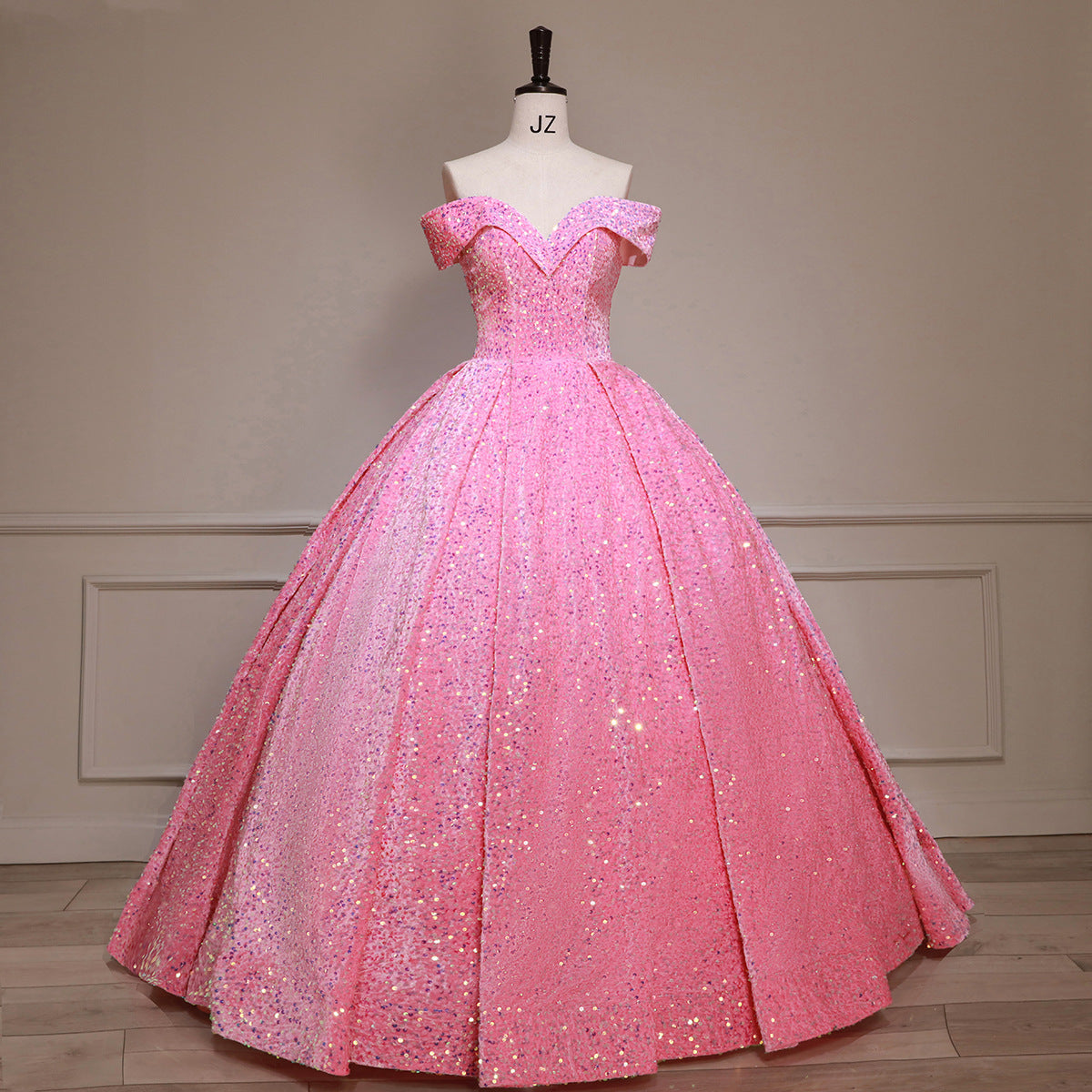 Paillette Sequined Lace Sleeveless Belt-Detail Ball Gown Wedding Dress