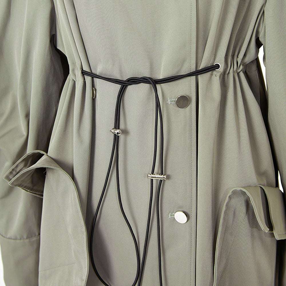 Women's Elasticated-Waist Raglan-Sleeve Trench Coat | Lace-Up & Pleated | Gray | S–L