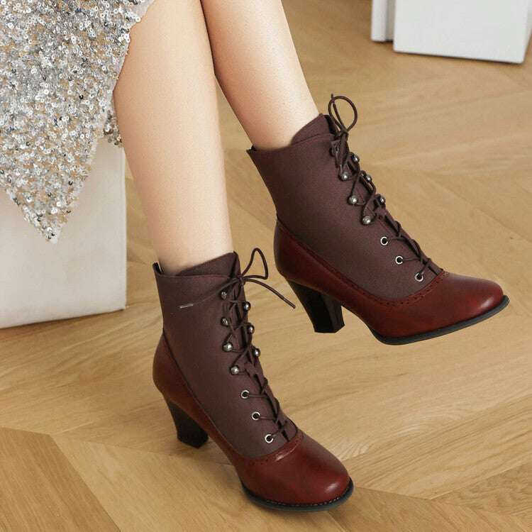 Retro British Style Martin Boots - Women's Cone Heel Lace-Up Boots