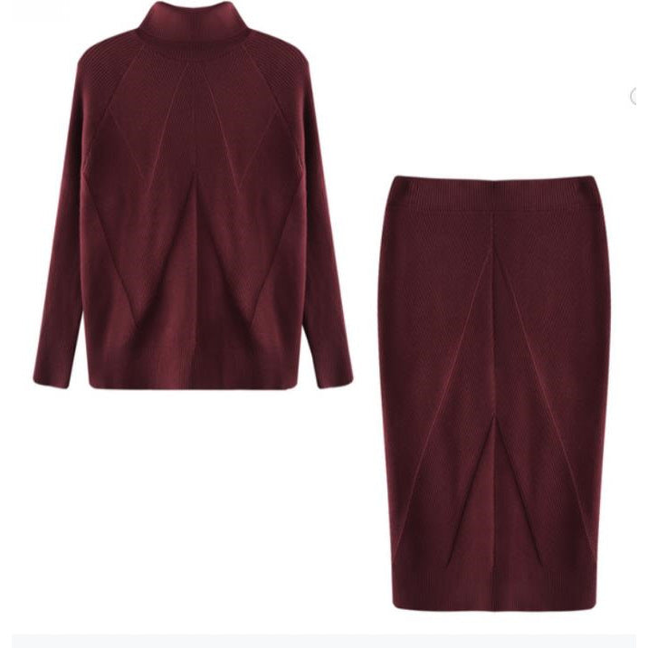 Burgundy sweater and skirt set on a white background
