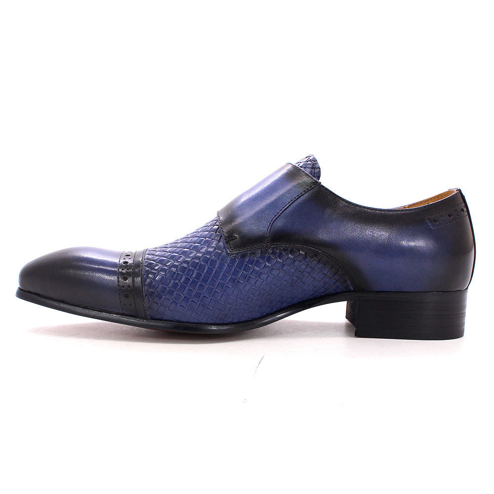 Blue leather dress shoe with black accents on a white background