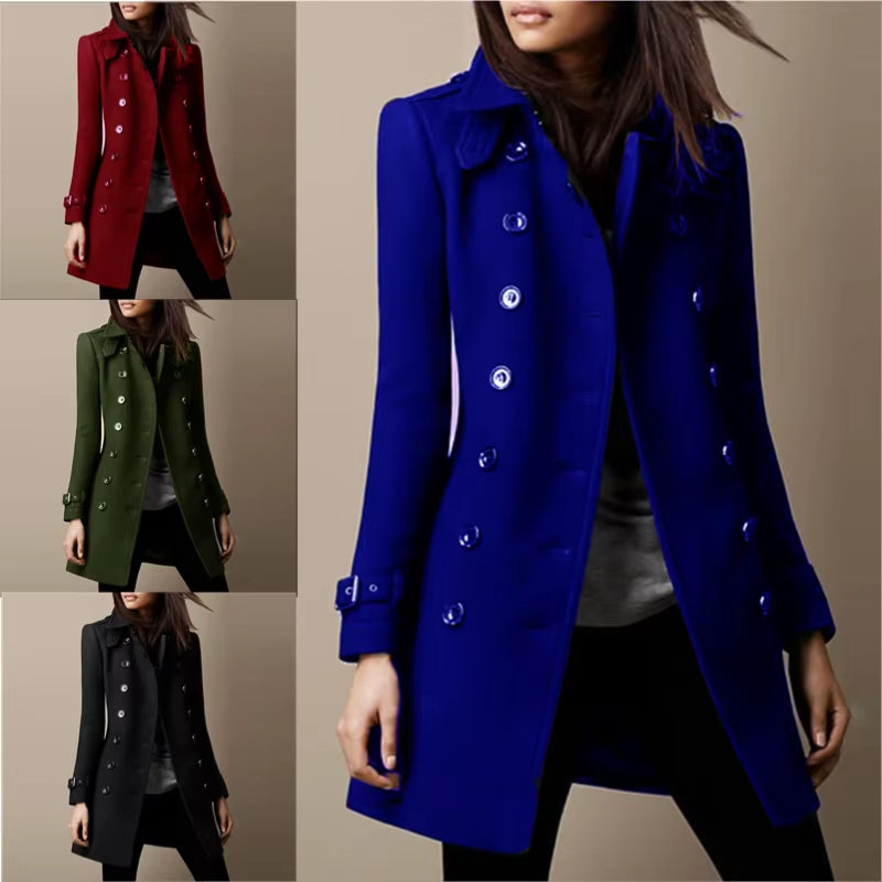 Collage of different colored coats with a focus on a blue coat.