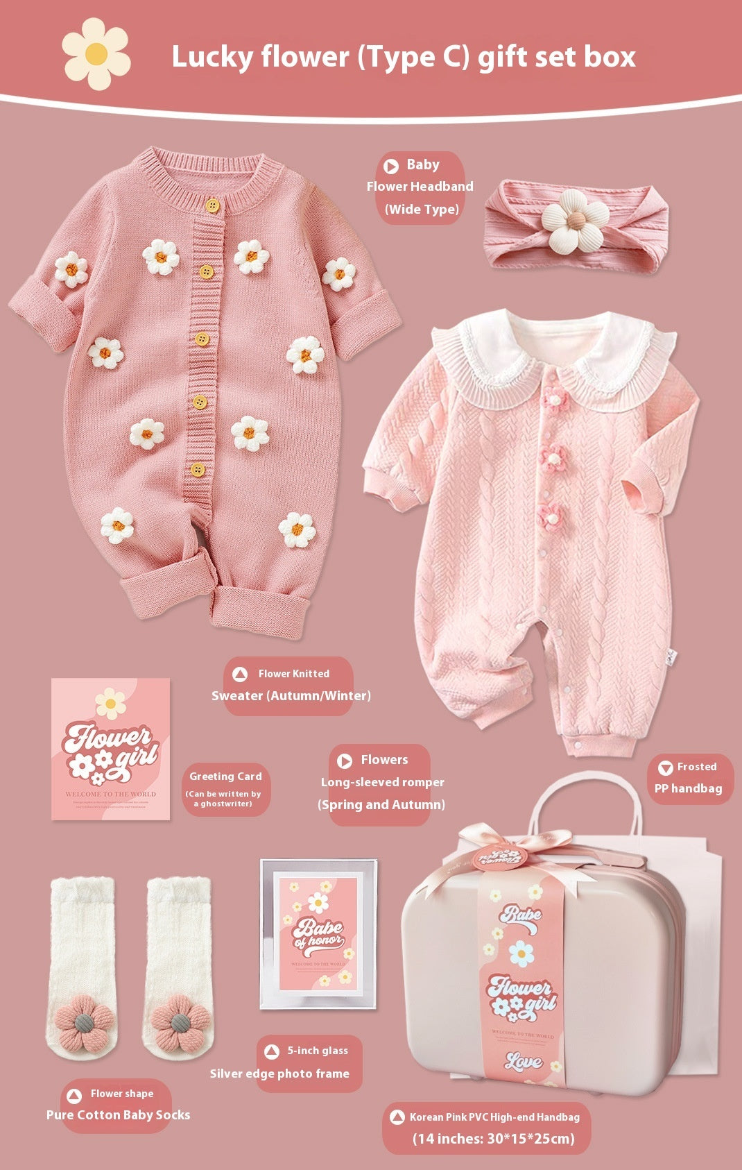 Baby gift set box with pink baby outfit, headband, and accessories on a pink background.