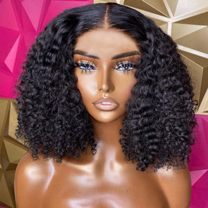 Mannequin head with curly black wig against a geometric patterned background