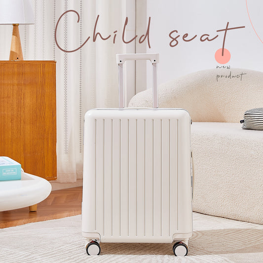 White suitcase in a living room with 'Child seat' text overlay