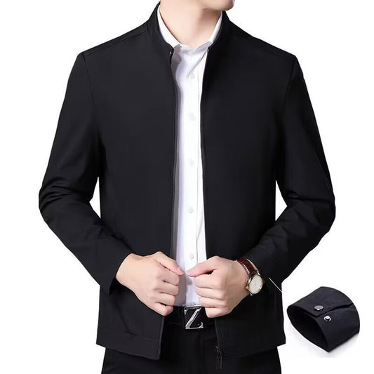 Black jacket over a white shirt with a watch on a white background