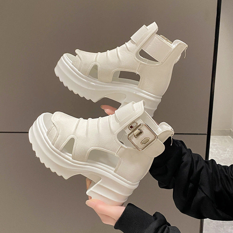 Women's Roman Platform Sandals - Adult Hollow-out Chunky Heel Shoes Khaki