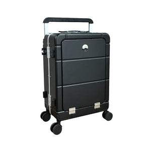 Black suitcase with wheels and handle on a white background