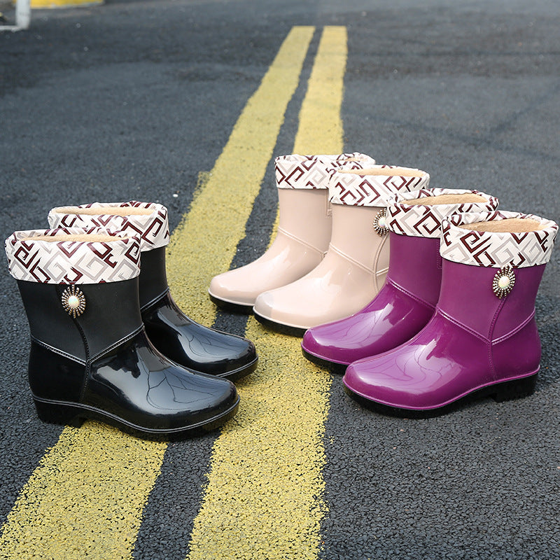 Women's Fashion Rain Boots - Non-Slip Warm Middle Tube Boots