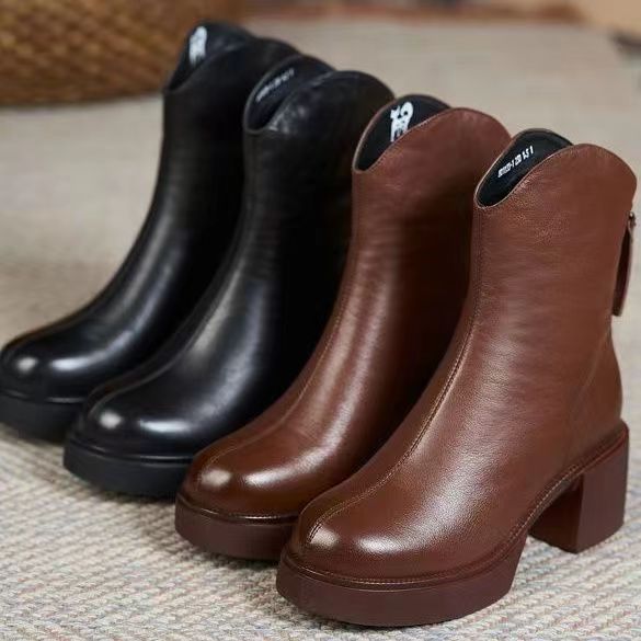 Women's Autumn Winter Thick Heel Real Soft Leather High-Heeled Martin Boots - Adult Footwear
