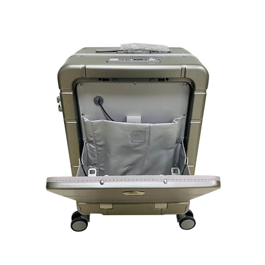 Open beige suitcase with interior view on a white background