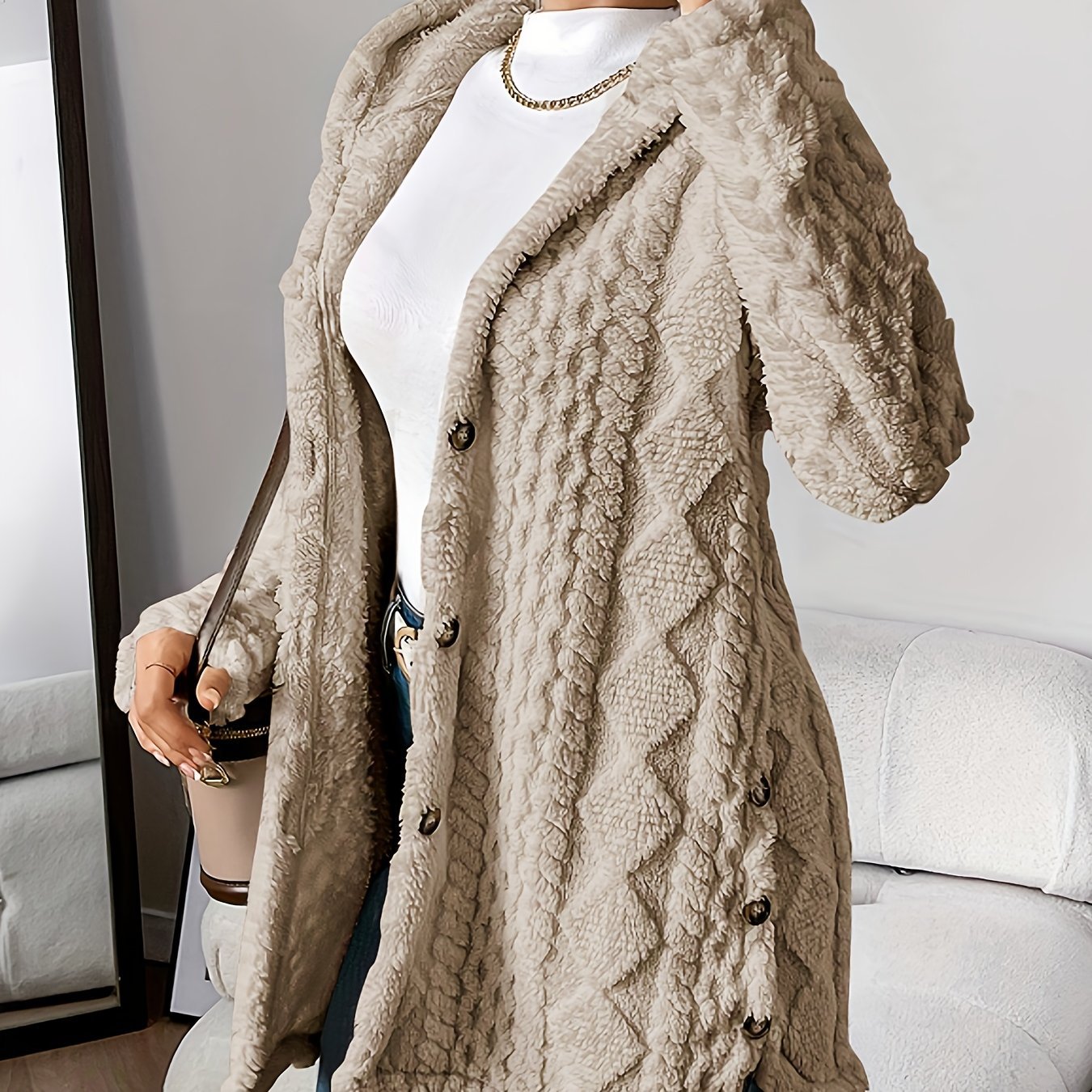 Women's Winter Long Hooded Cardigan Coat - Adult Diamond Plaid Outerwear