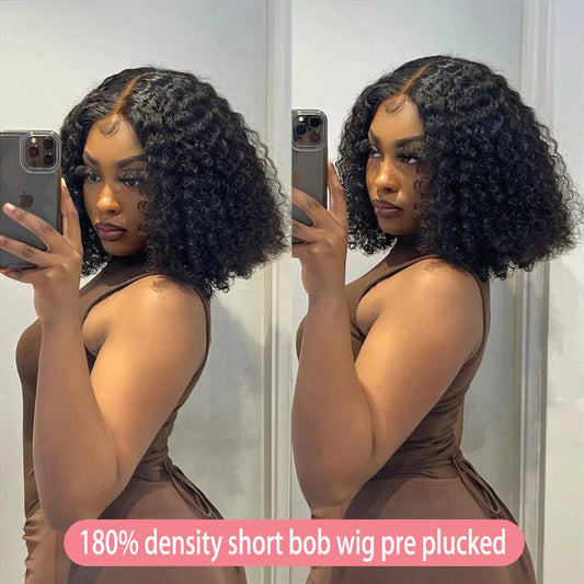 Woman with styled hair taking a mirror selfie, showcasing a 180% density short bob wig pre plucked.