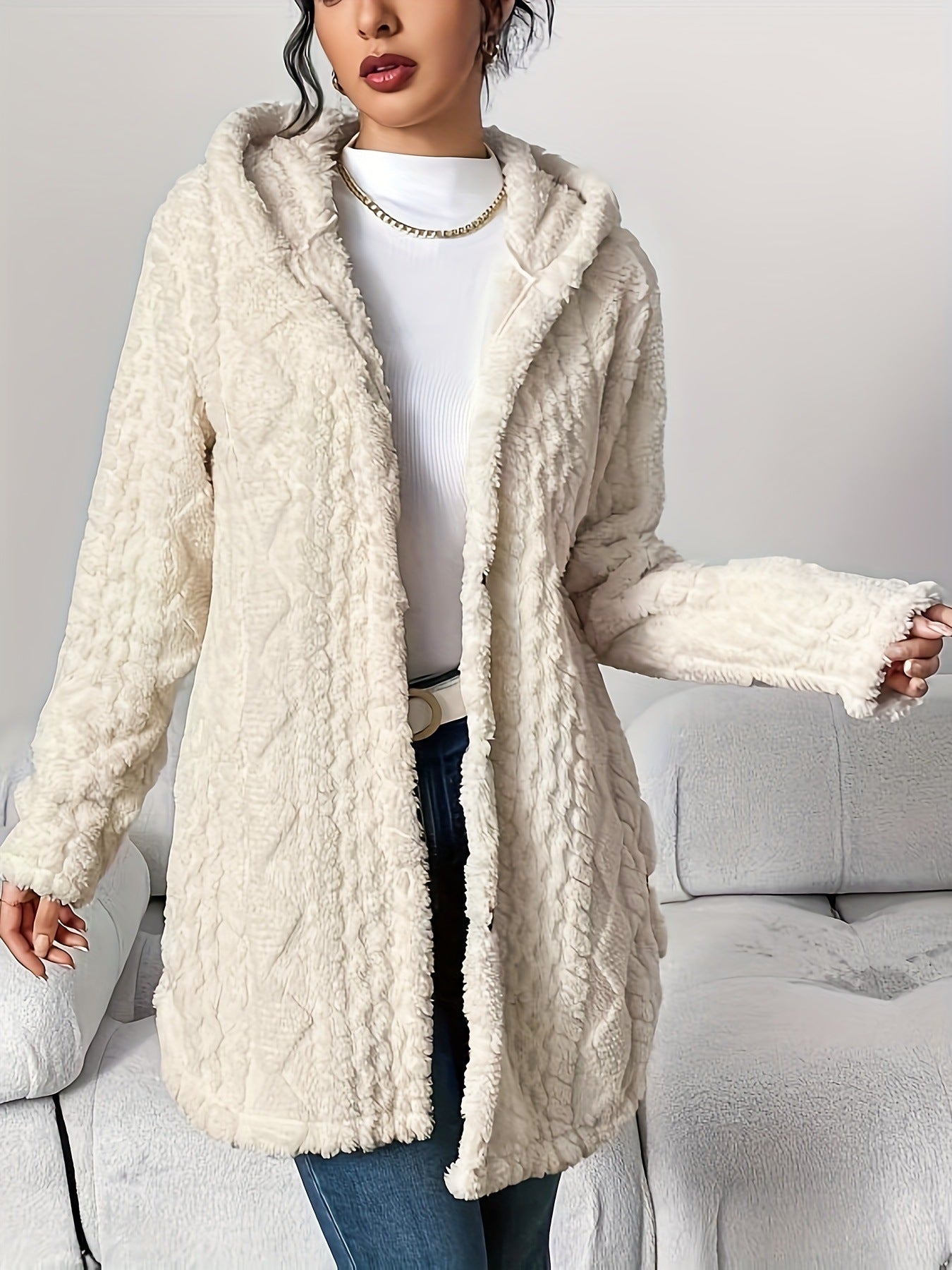 Women's Winter Long Hooded Cardigan Coat - Adult Diamond Plaid Outerwear