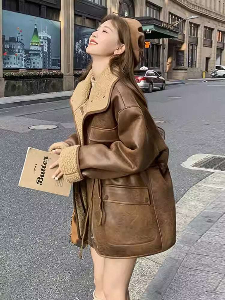 Women's Thickened Lambskin Coat – Integrated Lambswool Fur Lining Loose Turn-Down Collar Winter Coat | Brown | XS–XL