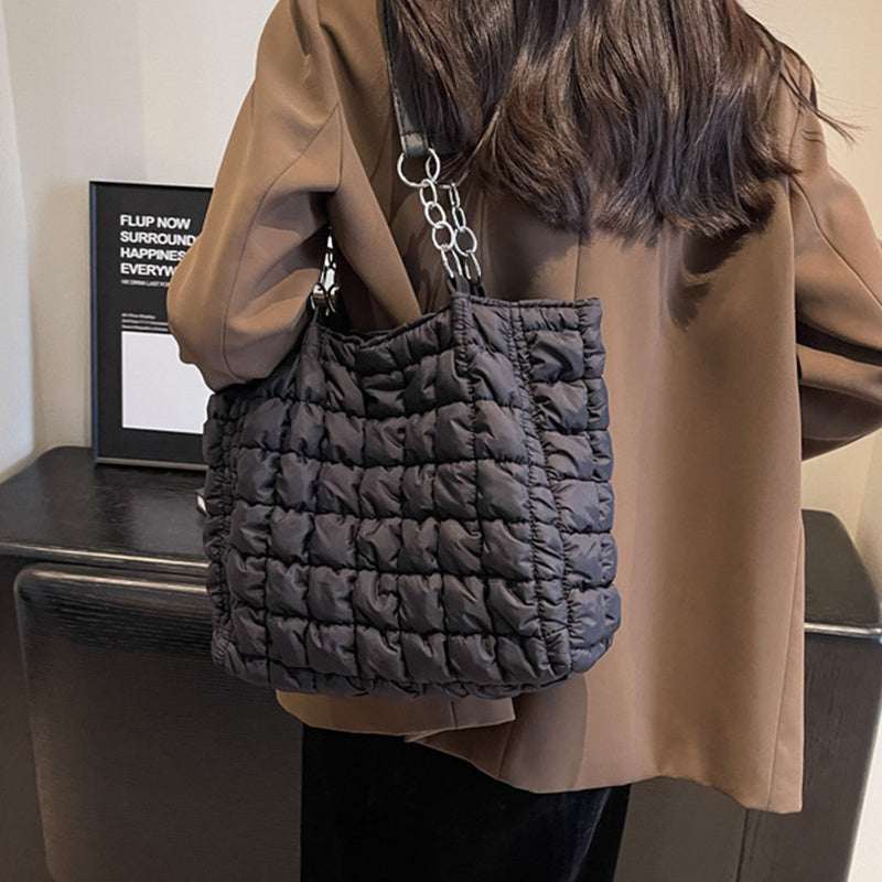Chain Plaid Down Handbag - Bubble Designer Tote