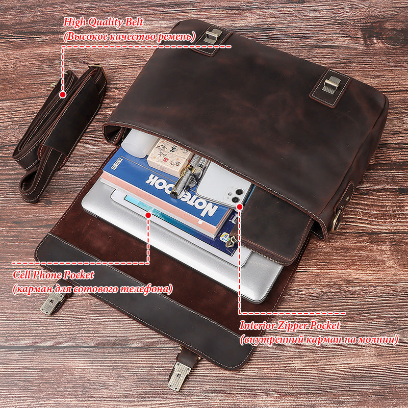 Brown leather briefcase with compartments on a wooden surface