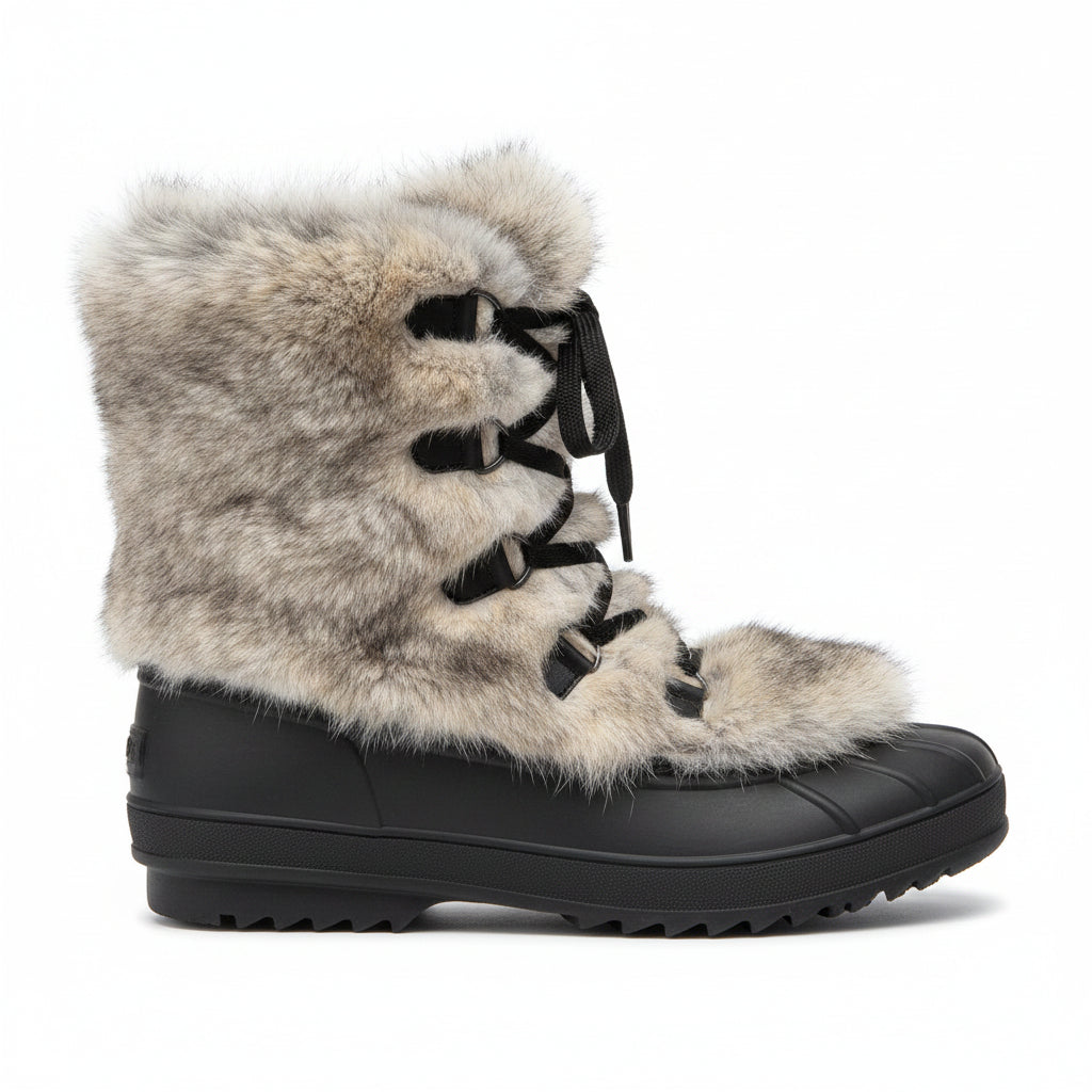 Black winter boot with fur trim and measurements on a white background, featuring the brand 'M.Z. Shoes'.