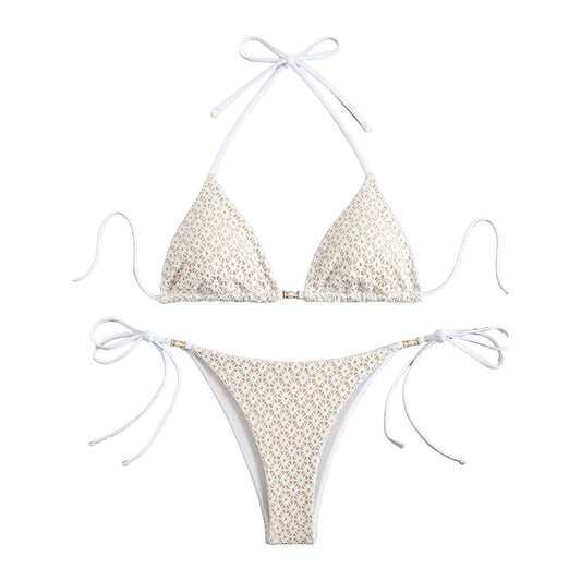 Floral-patterned bikini set on a white background