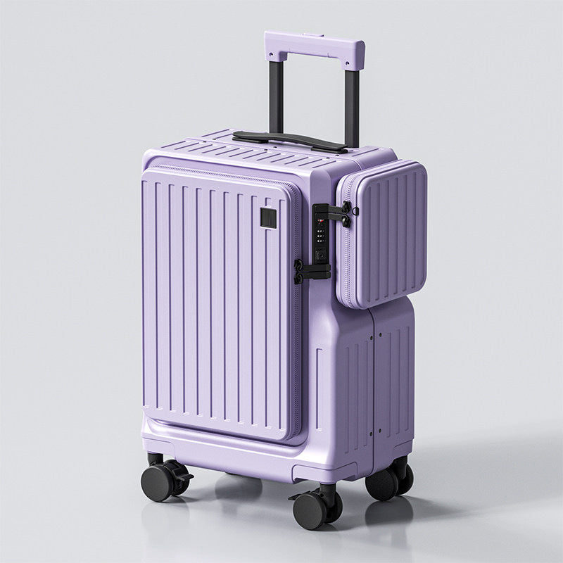 Purple suitcase with a ribbed texture on a light gray background