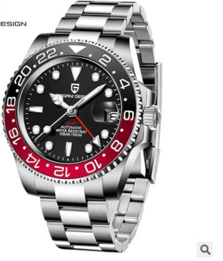 Watch with a silver strap and black and red dial on a white background