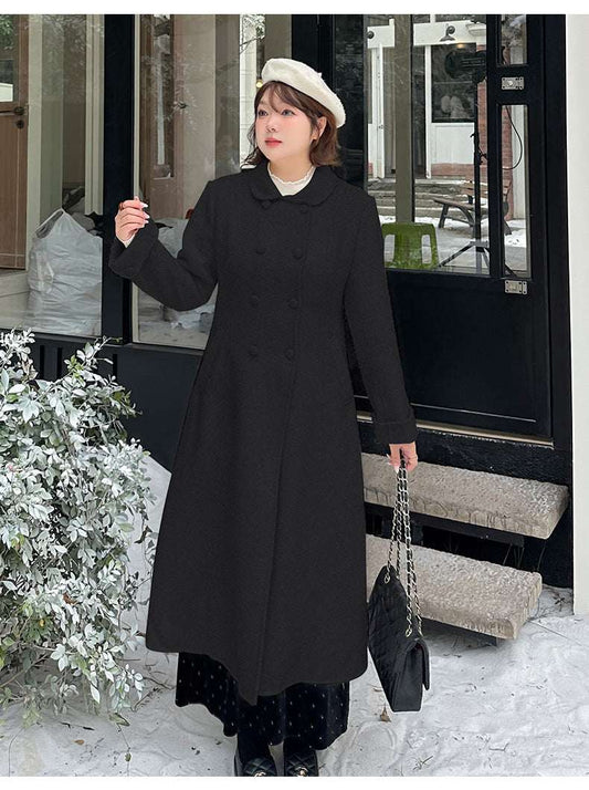 Women's Retro Fitted Double-Faced Wool Coat – Extra-Long High-Waist Elegant Winter Coat | Apricot & Black | XL–4XL