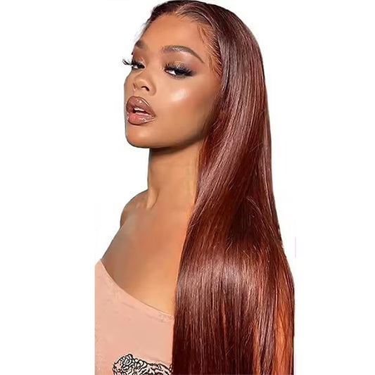Woman with long straight red hair on a white background