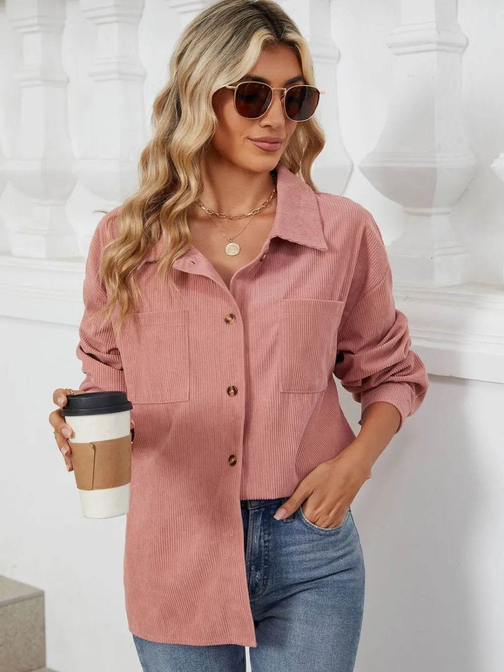 Button Up Dropped Shoulder Long Sleeve Outerwear - Millivan supplies 