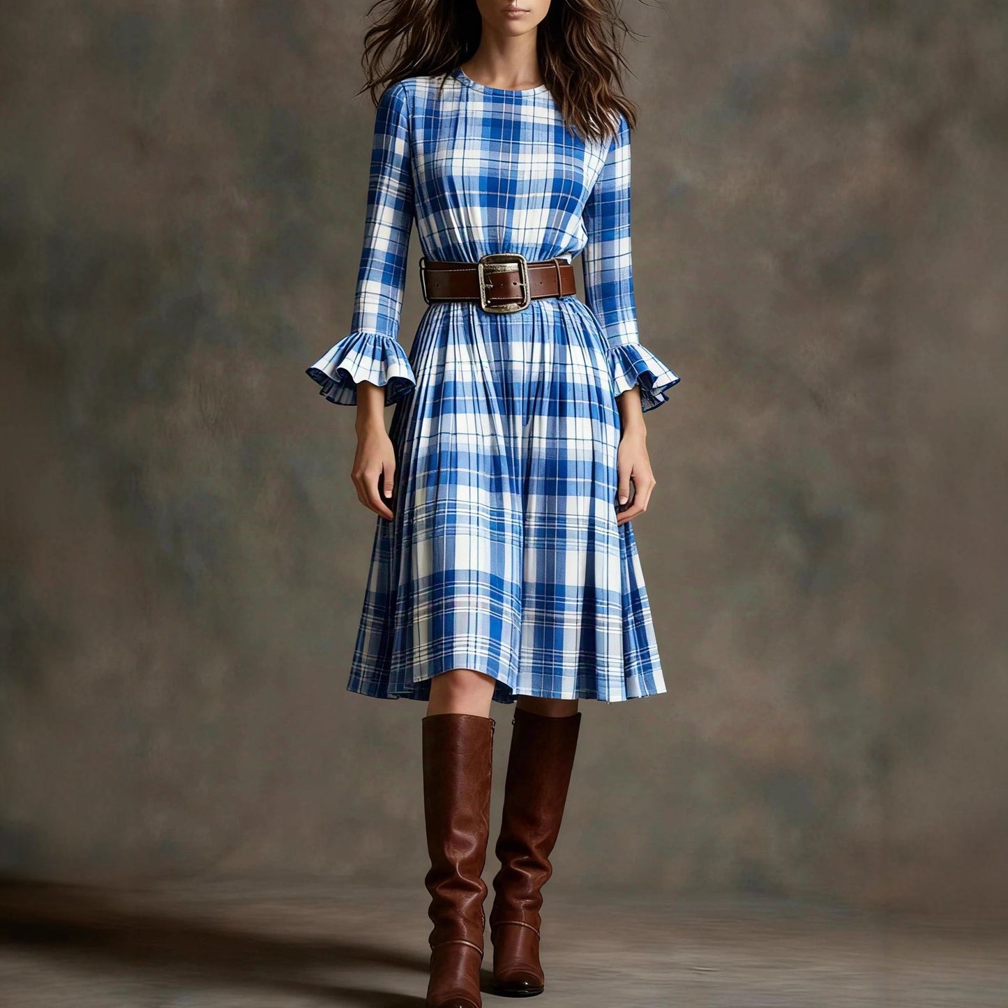 Woman wearing a blue plaid dress with a brown belt and brown knee-high boots against a gray background by millivan