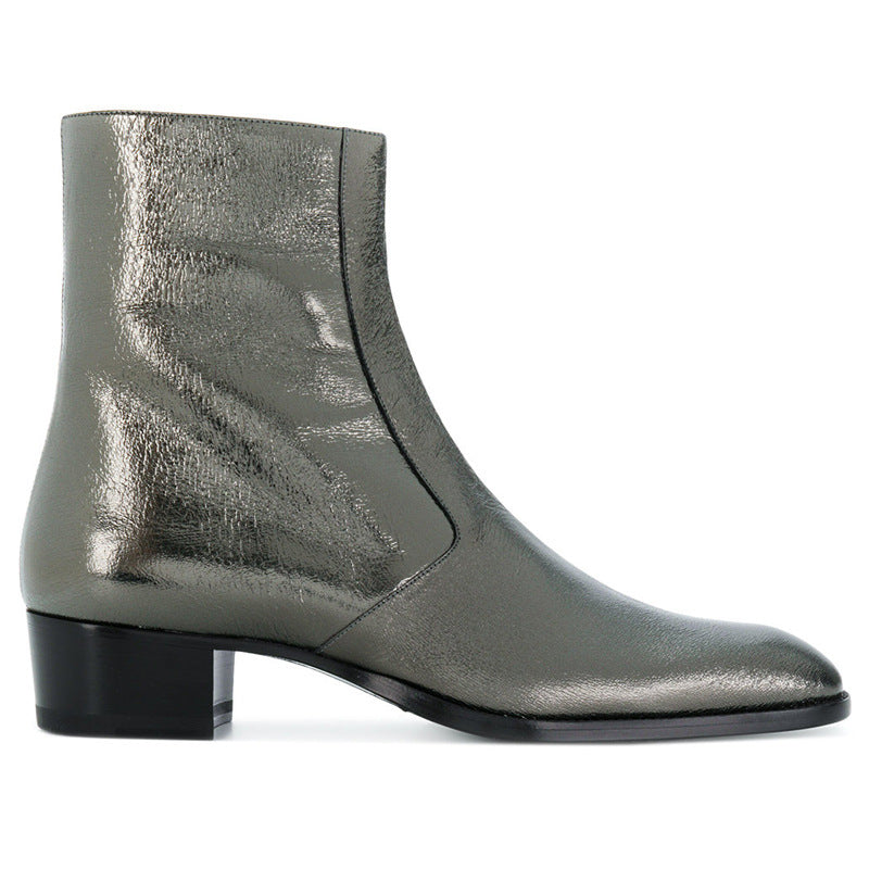 Metallic green ankle boot on a white background