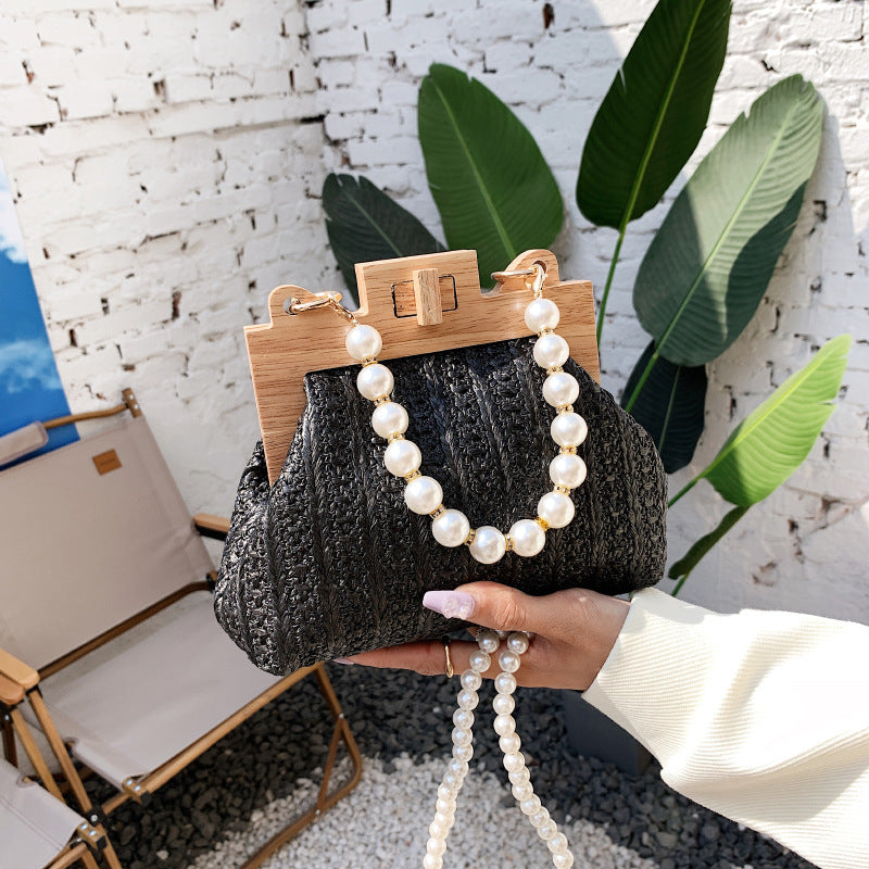 Fashion Simple Straw Pearl Chain Handbag - Street Trend Crossbody Bag