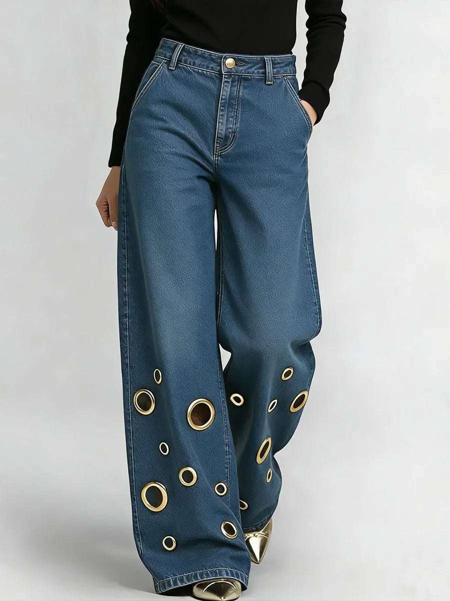 Women's Loose-Fit Straight-Leg Jeans | Cutout & Metal Eyelet Detail | 4 Colours | S–2XL