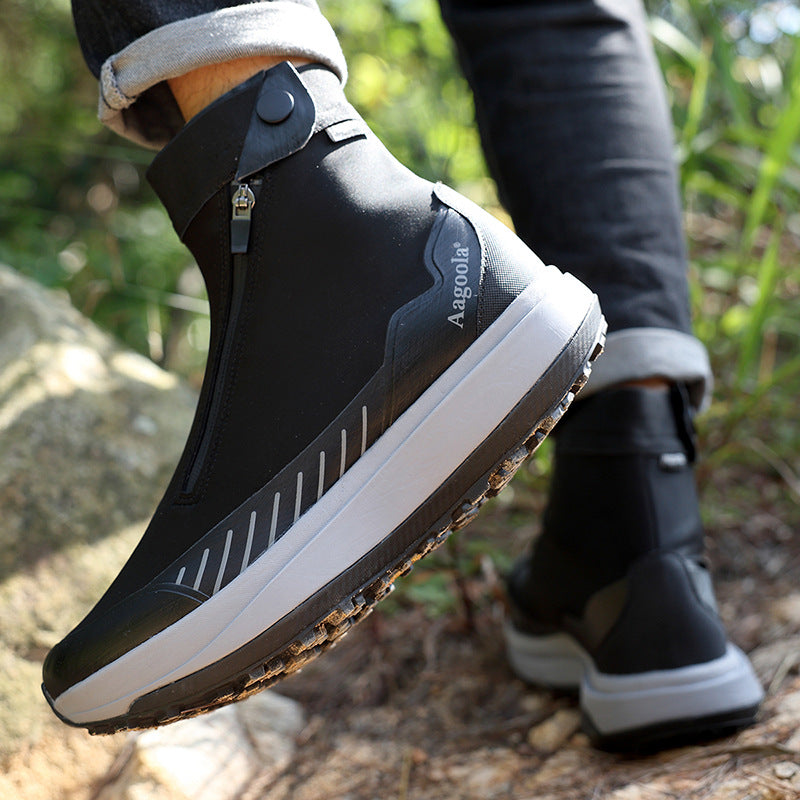 Black and white shoes with a visible brand logo on a natural background