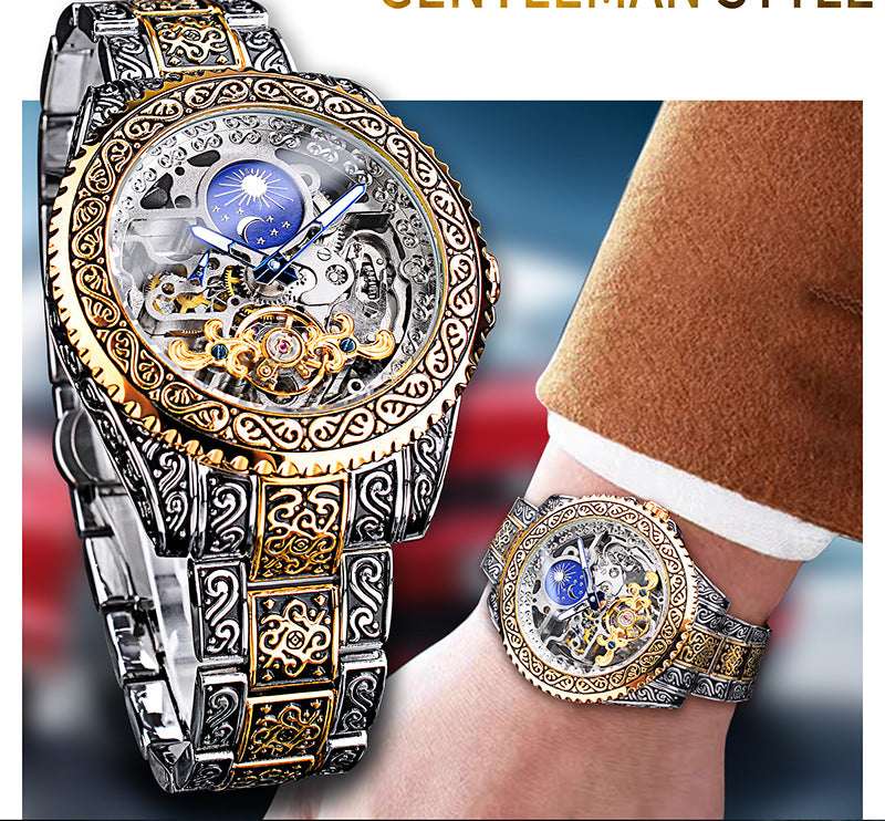 Forsining Men's Skeleton Carved Tourbillon Mechanical Watch – Automatic Self-Wind 44mm Stainless Steel | Yellow Gold