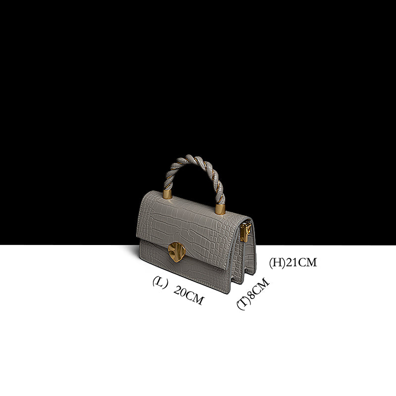 Gray handbag with measurements on a white background